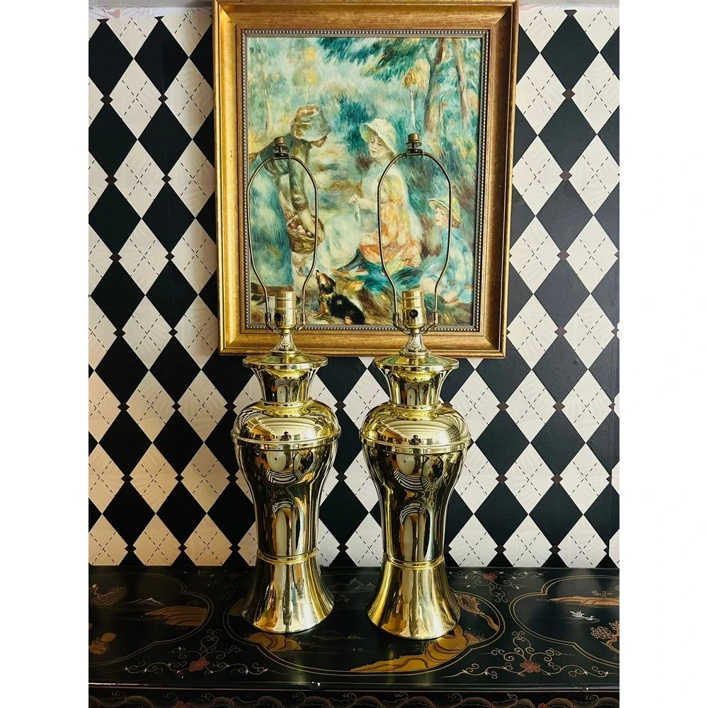 Pair Gold Tone Metal Table Lamps Polished Pedestal Vintage Lighting